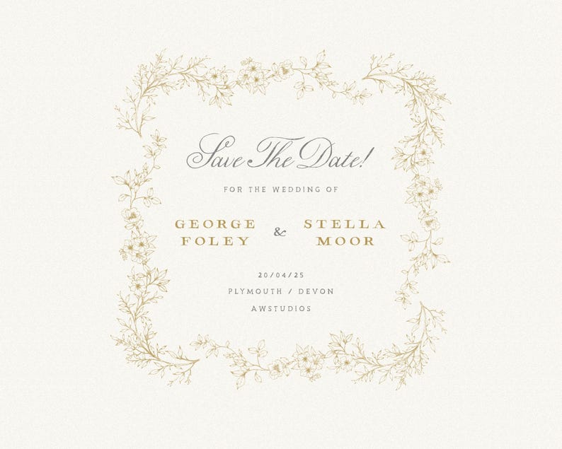Wedding invitation suite mockup featuring botanical line art frames and floral accents around bride and groom names