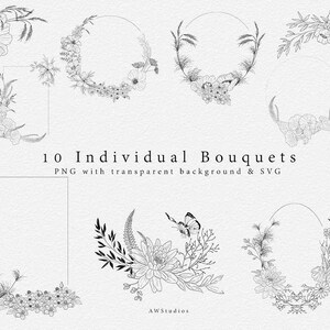 Twelve individual bouquet arrangements drawn in delicate line art for invitation and stationery design