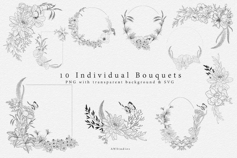 Twelve individual bouquet arrangements drawn in delicate line art for invitation and stationery design