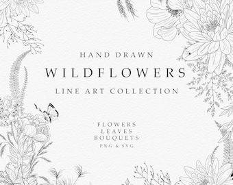 Collection de dessins au trait Fleurs sauvages - Images clipart florales minimalistes modernes : parfaites pour les faire-part de mariage, la marque et les cadeaux.