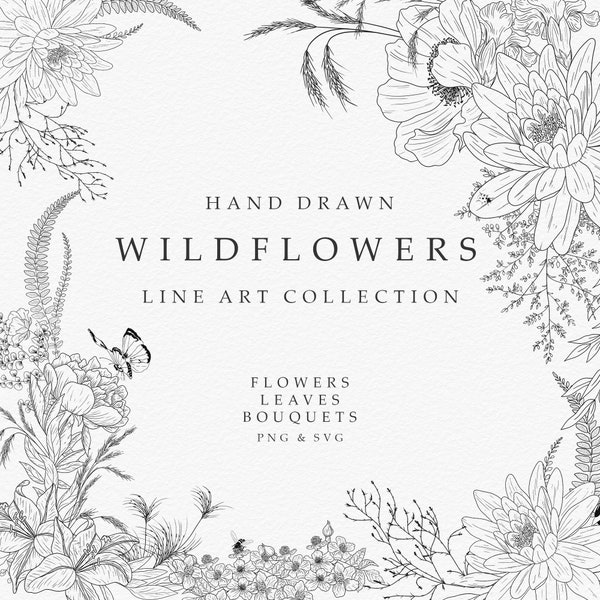 Wildflower Line Art Collection - Modern Minimalist Floral Clip Art: Perfect for Wedding Invitations, Branding, and Gift.