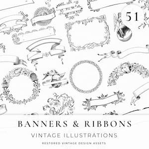 Vintage Banners and Ribbons, Floral Illustrations, vintage design, antique art, Line Art Illustrations, Vector Clip Art for Invitations