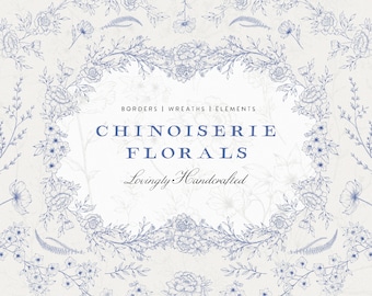 Chinoiserie & Toile Floral Bundle, 49 Fine Line Botanische Rahmen Rahmen Kränze PNG SVG