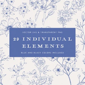 Chinoiserie florals collection cover — 29 vintage Asian-inspired flower line art elements in charcoal and elegant blue ink — preview image 3.