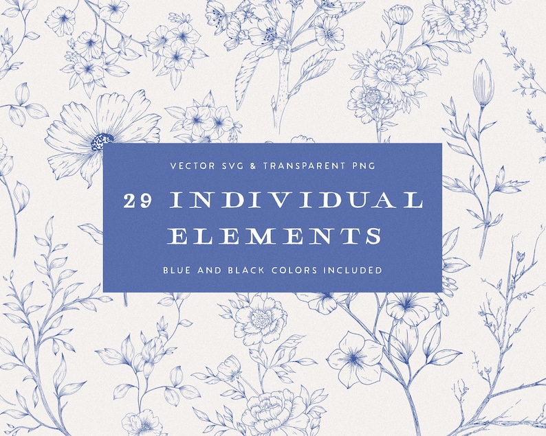 Chinoiserie florals collection cover — 29 vintage Asian-inspired flower line art elements in charcoal and elegant blue ink — preview image 3.