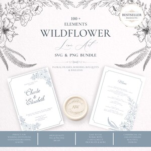 Wildflower Line Art Clipart, 100+ Botanical Borders Banners Bouquets and Wreaths SVG PNG