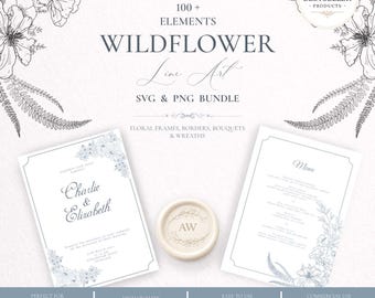 Wildflower Line Art Clipart, 100+ Botanical Borders Banners Bouquets and Wreaths SVG PNG