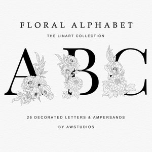 Peony Floral Alphabet Letters, Floral Line art Alphabet Letters, Complete Alphabet Se,tFloral Clip Art, Floral Illustrations Letters