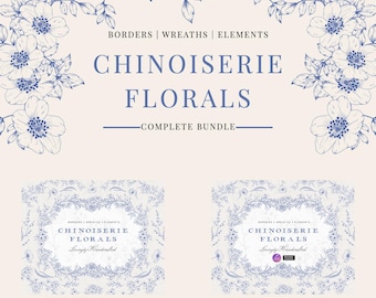 May include: Digital art bundle featuring blue and white Chinoiserie floral designs. The image includes floral borders, wreaths, and elements, with the text "CHINOISERIE FLORALS - COMPLETE BUNDLE." Also includes PNG, SVG, and Procreate file formats.