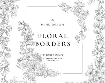 Wildblumen Border Clipart, 10 Fine Line Floral SVG PNG für Hochzeitseinladungen
