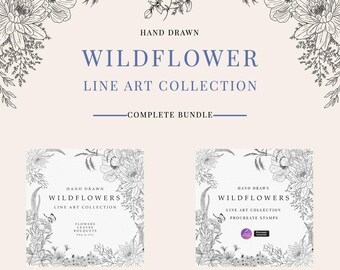 May include: A digital art collection titled "Wildflower Line Art Collection" with hand-drawn floral illustrations. The design features a complete bundle with flowers, leaves, and bouquets in PNG, SVG, and Procreate formats. The design is in black and white.