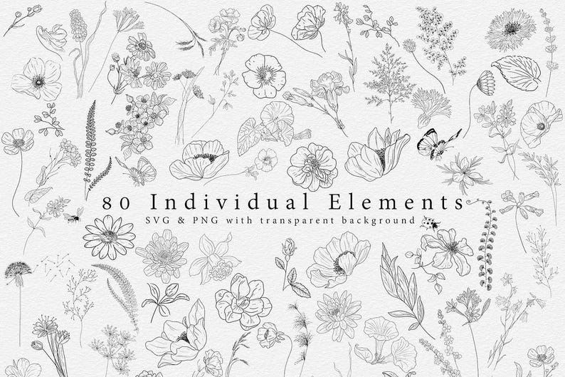 Twelve individual bouquet arrangements drawn in delicate line art for invitation and stationery design — preview image 20.