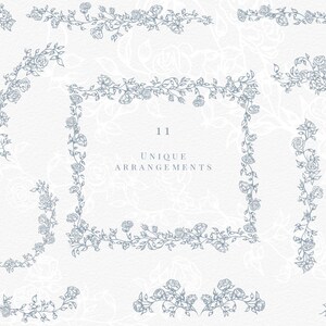 Decorative floral wreath and border design with delicate fine-line line art for invitation cards