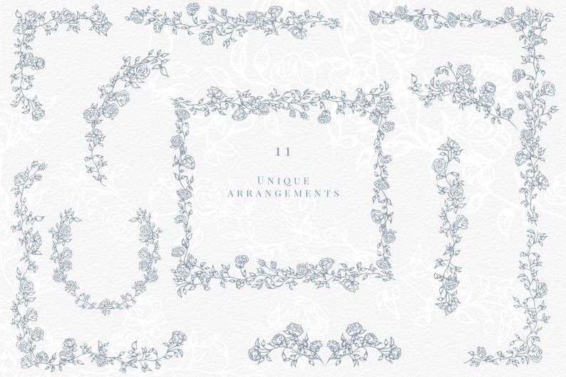 Decorative floral wreath and border design with delicate fine-line line art for invitation cards