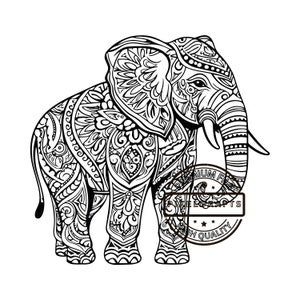 Może przedstawiać: Czarno-biały rysunek liniowy słonia z misternymi wzorami i zdobieniami. Słoń jest zwrócony w prawo i ma uniesiony trąbę. Obraz zawiera tekst "Premium File", "Pixel Crafts" i "High Quality".