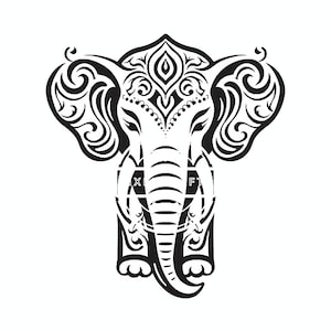 Może przedstawiać: Czarno-biała ilustracja liniowa głowy słonia z misternymi wzorami kwiatowymi.