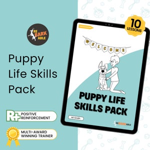 May include: A digital tablet screen displaying a black and white illustration of a puppy and a person. The text "Puppy Life Skills Pack" is displayed in large, bold letters. The text "10 Lessons" is displayed in a yellow circle with a black outline. The text "ReBarkAble" is displayed in a circle with a black outline and a dog icon.