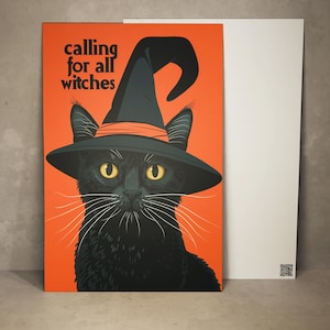 Biglietto d'auguri di Halloween, cartolina di Halloween con strega, cartolina con gatto nero