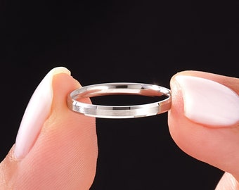 2mm Thin Platinum Wedding Band: Beveled, Matte Comfort Fit