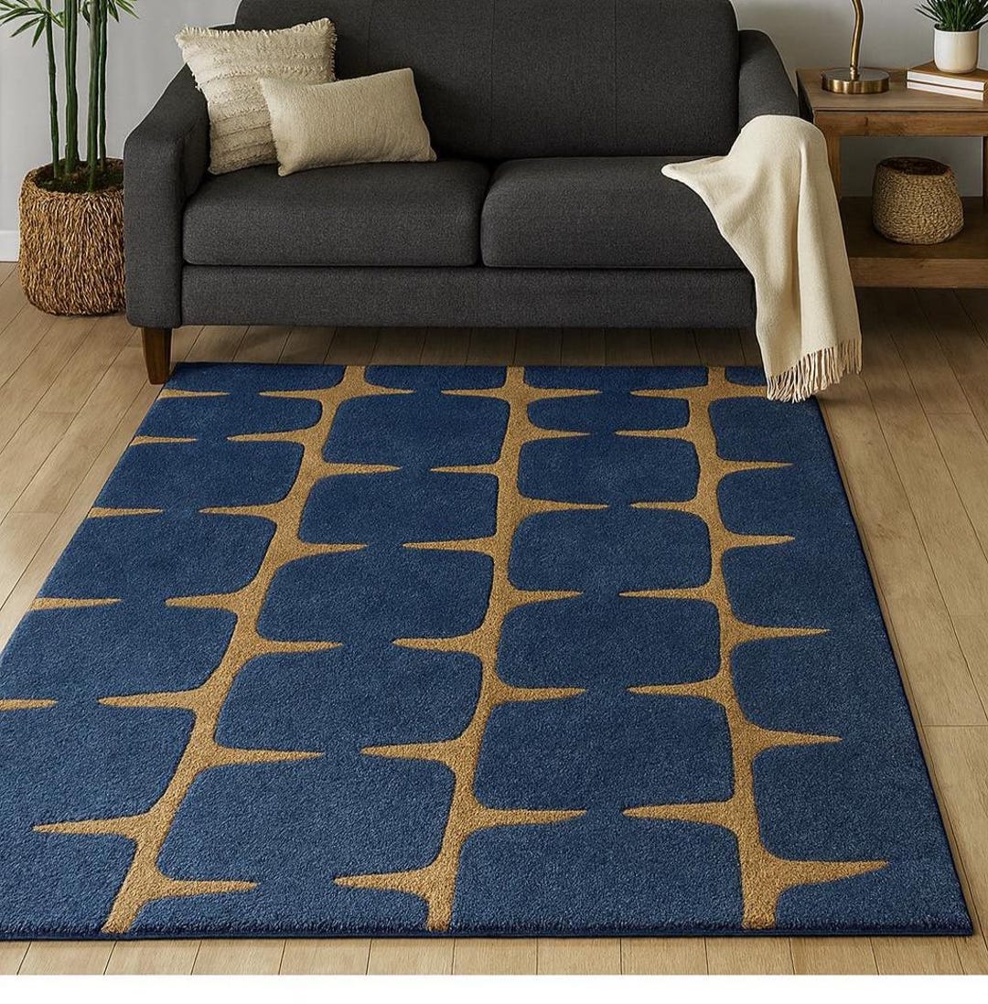 Contemporary Rug Blue Modern Blue & Tan Geometric Area Rug – Contemporary Living Room Accent ...
