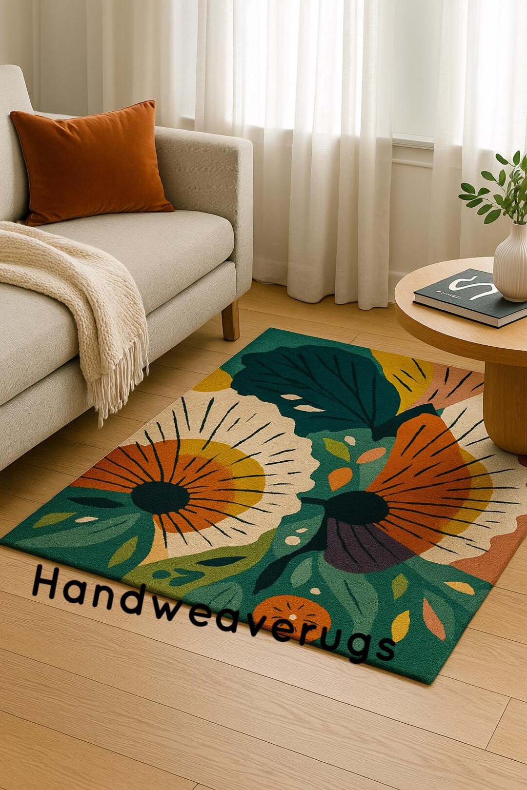 Hand-tufted Wool Area Rug – Boho Floral Teal and Rust - Etsy