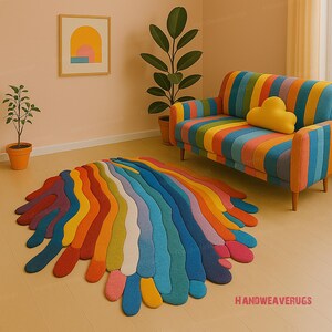 Rainbow Wavy Abstract Rug Colorful Hand-Tufted Wool Carpet for Living Room, Kids Room, Modern Boho, Funky Artistic Area Rug custom rug ava..