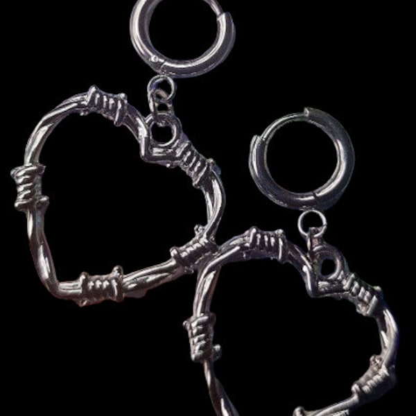 Barbed Wire Heart Huggie Hoop Earrings • Gothic Emo Alternative Punk Jewellery Fashion Accessories