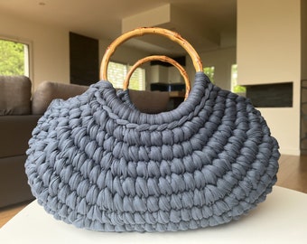 tote bag, crochet tote bag with bamboo handles, hand-woven blue bag
