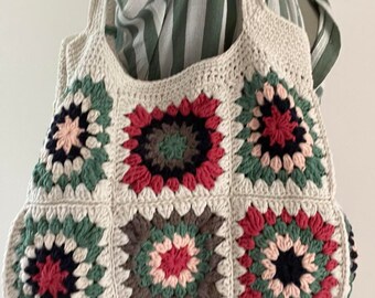 Grandma's square crochet tote bag, vintage bag, crochet boho bag, women's gift bag, large size tote bag