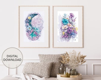 Watercolor Floral Moon Prints, Botanical Wall Art (Digital Download)