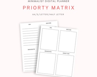Priority Matrix Printable, Decision Matrix, Eisenhower Matrix, My Priorities Planner, A4/A5/Letter/Half