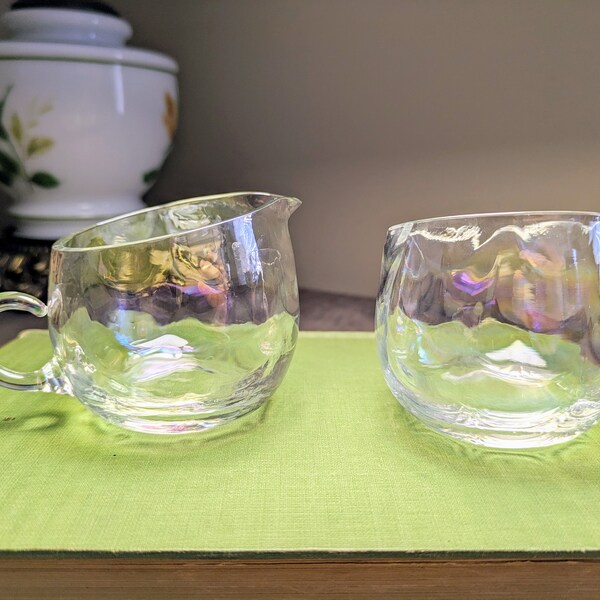 Vintage West Virginia Glass Iridescent Luster Loop Optic Creamer and Open Sugar Bowl, 1958-1970's