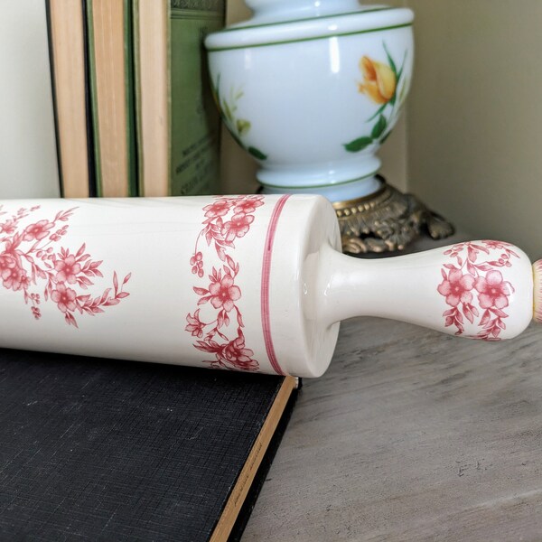 Victorian Style Red and White Transferware Floral Ceramic Rolling Pin, 1980's-1990's