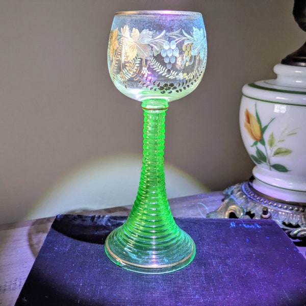 Vintage Uranium German Roemer Wine Glass with Etched Grapes and Leaves, 1930's