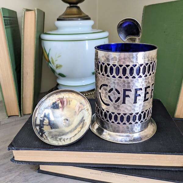 Mid Century Sheffield Silver Plate Coffee Canister With Spoon and Cobalt Blue Insert, 1950's