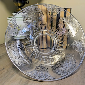 Vintage Silver Overlay 12&quot; Elegant Glass 3-Footed Bowl, 1930&#39;S-1940&#39;S