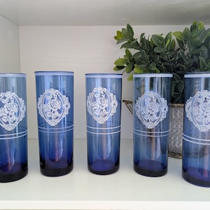 5 Vintage Handblown Cobalt Blue Embossed Flower Highball Glass Tumblers