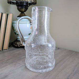 Mid-Century Handblown Clear Crackle Glass 8.75&quot; Pitcher Decanter