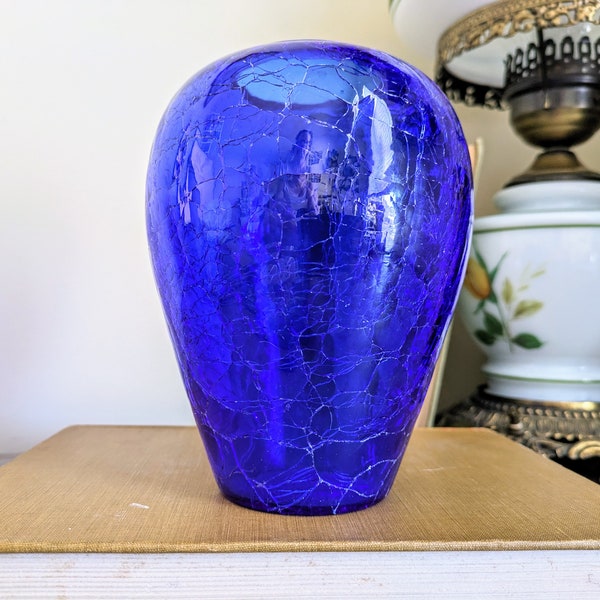 Vintage Pilgrim Glass Cobalt Blue Crackle Glass Urn Vase, 1950's