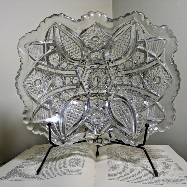 Antique EAPG Indiana Glass Rectangular Fruit Berry Salad Bowl, Paneled Daisy & Finecut Clear, 1905-1910