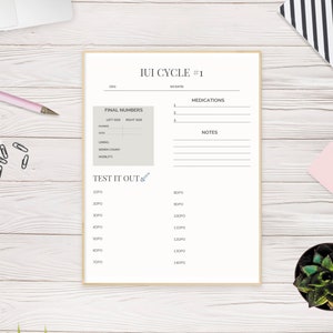 May include: A printable IUI cycle tracker with a checklist for medications, notes, and final numbers. The tracker includes a section for testing it out with days 1 to 140.