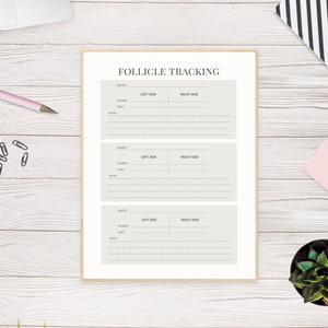 May include: A printable follicle tracking sheet with three sections for recording dates, left and right side follicle information, number, size, and notes.