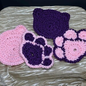 Crocheted Cat Coaster Set of 4 | Handmade Yarn Drink Coasters | Cute Cat & Paw Shapes | Multiple Color Sets