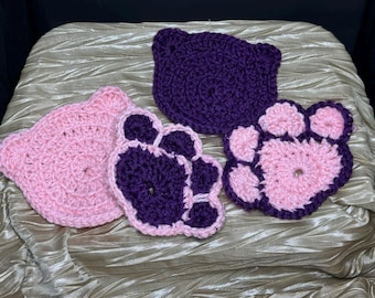 Set van 4 gehaakte kattenonderzetters | Handgemaakte onderzetters van garen | Schattige katten- en pootvormen | Meerdere kleurensets
