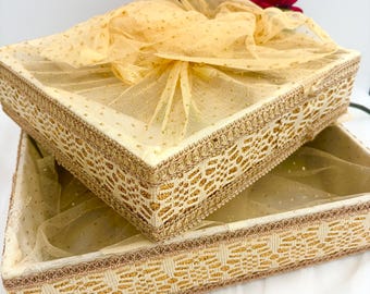 2 Set Gold Net Gift Hamper Basket,Wedding Tray,Henna Cones Tray,Indian wedding Decor Mehndi Diwali Hamper, Colorful Basket Indian Tray