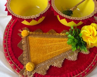 Haldi Tray Thaal Plate Bowl Brush Sets | Maiyan | Haldi | Mendhi | Punjabi | Indian | Pakistani | Lace Trim Border