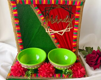 Mehndi Tray Thaal Plate Bowl Brush Sets | Maiyan | Haldi | Mendhi | Punjabi | Indian | Pakistani | Lace Trim Border