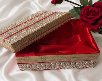 Hand crafted Pearl & Gold Wedding Gift Box – Red Satin Lined Shagun Box, Sahi Chitti, Bridal Keepsake Box