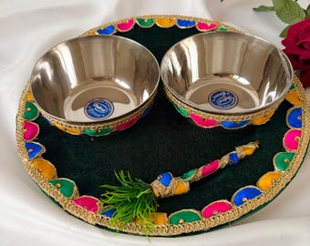 Mehndi Tray Thaal Plate Bowl Brush Sets | Maiyan | Haldi | Mendhi | Punjabi | Indian | Pakistani | Lace Trim Border