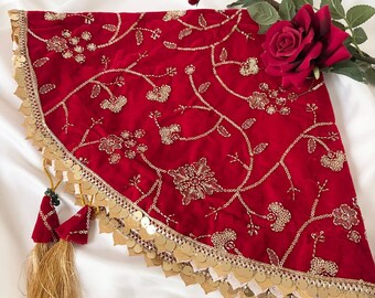 Punjabi Wedding Ramaal Red Velvet Embroidered Shagun Cloth, Indian Wedding Ceremony Accessory, Traditional Wedding Gift Cover